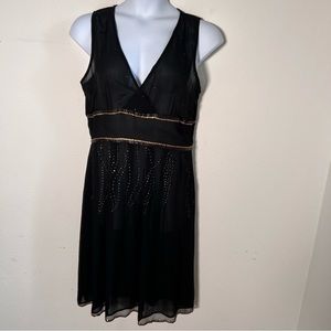 Vintage & NWT Bandolino Black Silk Georgette Dress in Size 14 with Gold & Silver